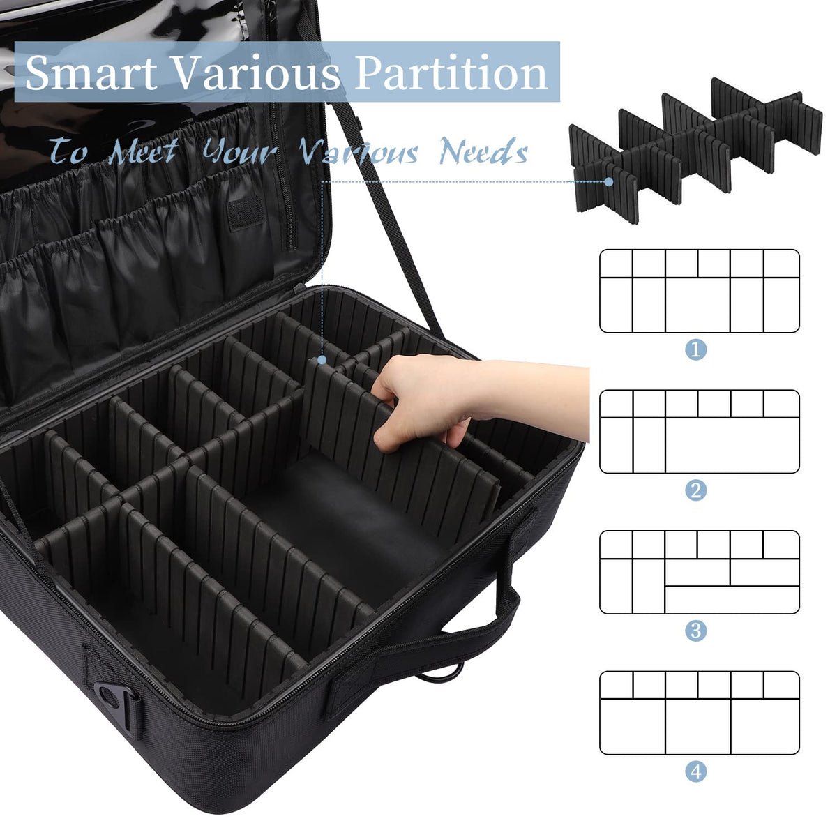 Large Capacity Travel Makeup Train Case,Professional Cosmetic Bags for Women,Portable Makeup Brush Bag Organizer Storage with Adjustable Dividers and Shoulder Strap