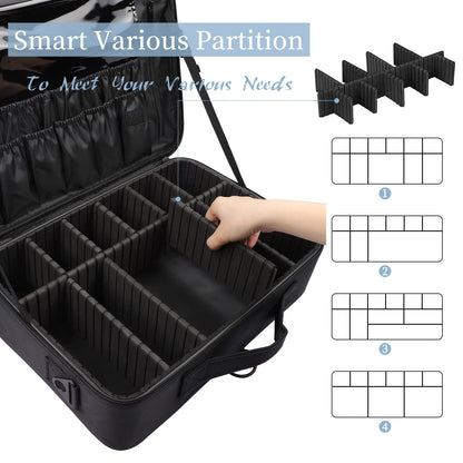 Large Capacity Travel Makeup Train Case,Professional Cosmetic Bags for Women,Portable Makeup Brush Bag Organizer Storage with Adjustable Dividers and Shoulder Strap