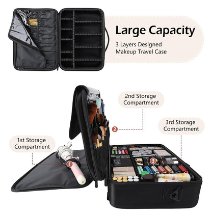 Large Capacity Travel Makeup Train Case,Professional Cosmetic Bags for Women,Portable Makeup Brush Bag Organizer Storage with Adjustable Dividers and Shoulder Strap