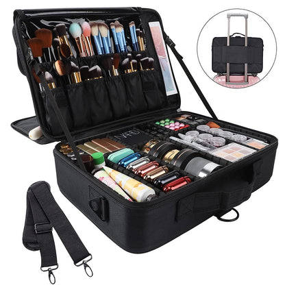 Large Capacity Travel Makeup Train Case,Professional Cosmetic Bags for Women,Portable Makeup Brush Bag Organizer Storage with Adjustable Dividers and Shoulder Strap