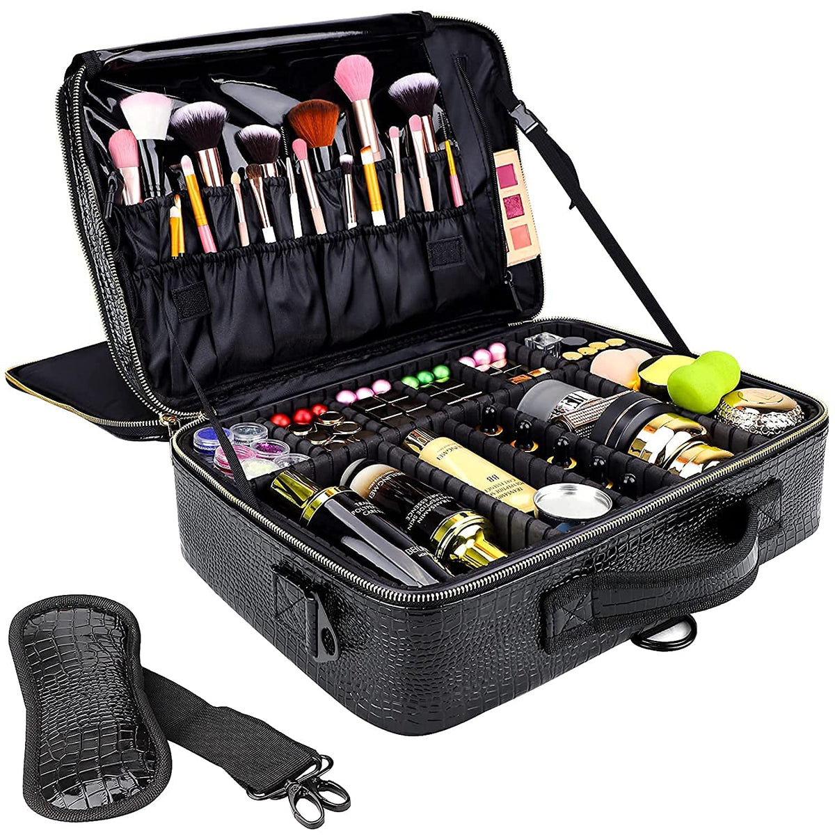 Large Capacity Travel Makeup Train Case,Professional Cosmetic Bags for Women,Portable Makeup Brush Bag Organizer Storage with Adjustable Dividers and Shoulder Strap