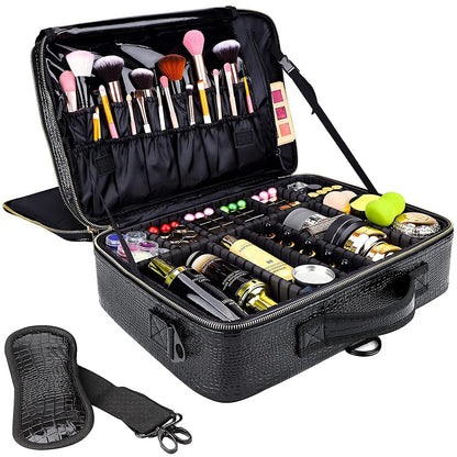 Large Capacity Travel Makeup Train Case,Professional Cosmetic Bags for Women,Portable Makeup Brush Bag Organizer Storage with Adjustable Dividers and Shoulder Strap