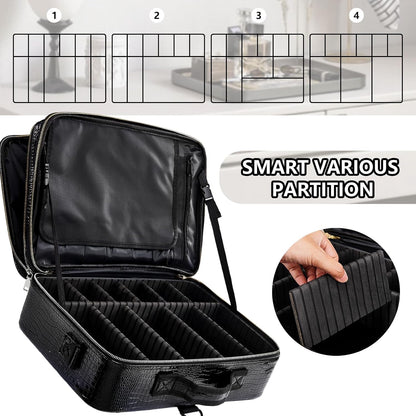 Large Capacity Travel Makeup Train Case,Professional Cosmetic Bags for Women,Portable Makeup Brush Bag Organizer Storage with Adjustable Dividers and Shoulder Strap