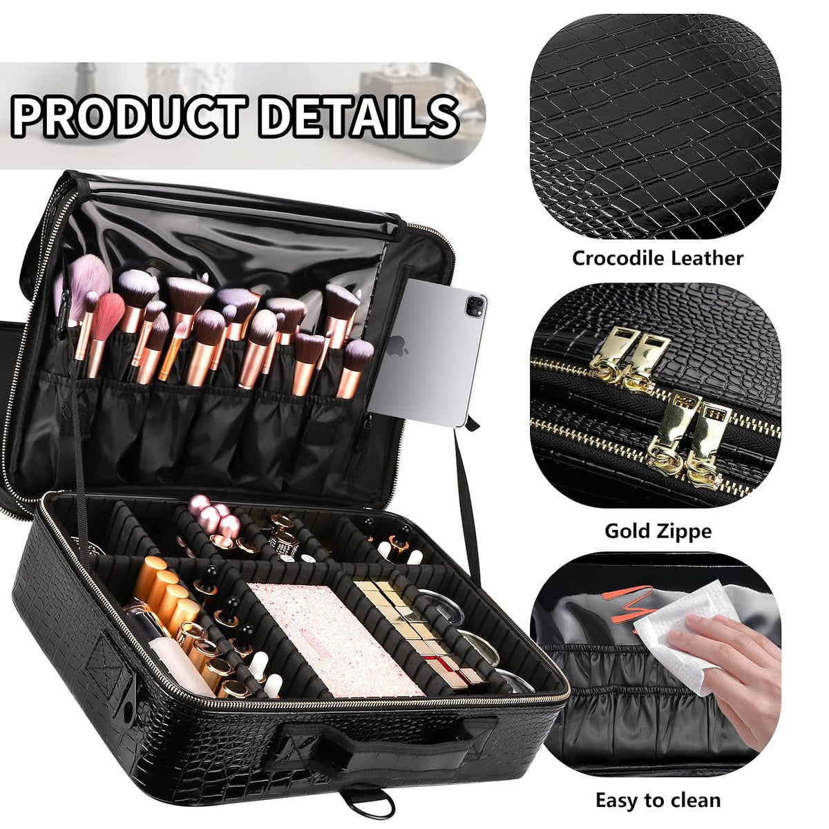 Large Capacity Travel Makeup Train Case,Professional Cosmetic Bags for Women,Portable Makeup Brush Bag Organizer Storage with Adjustable Dividers and Shoulder Strap