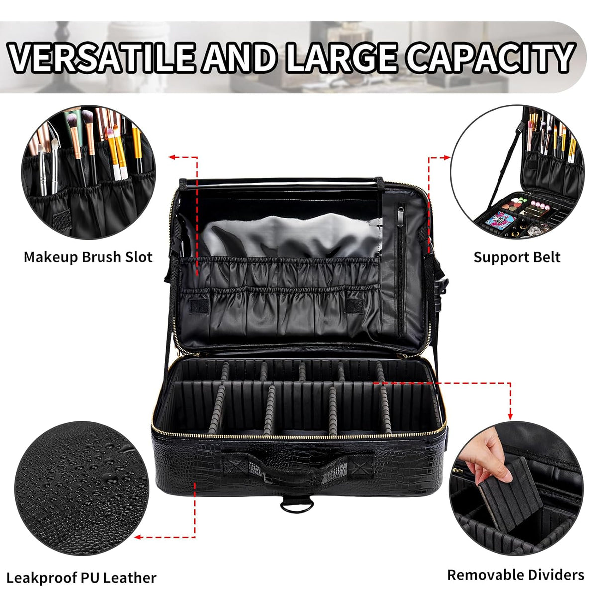 Large Capacity Travel Makeup Train Case,Professional Cosmetic Bags for Women,Portable Makeup Brush Bag Organizer Storage with Adjustable Dividers and Shoulder Strap