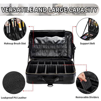 Large Capacity Travel Makeup Train Case,Professional Cosmetic Bags for Women,Portable Makeup Brush Bag Organizer Storage with Adjustable Dividers and Shoulder Strap