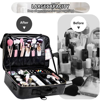 Large Capacity Travel Makeup Train Case,Professional Cosmetic Bags for Women,Portable Makeup Brush Bag Organizer Storage with Adjustable Dividers and Shoulder Strap
