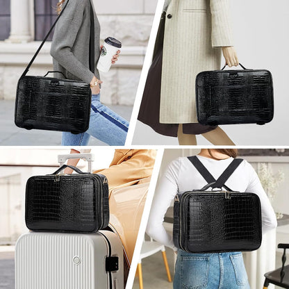 Large Capacity Travel Makeup Train Case,Professional Cosmetic Bags for Women,Portable Makeup Brush Bag Organizer Storage with Adjustable Dividers and Shoulder Strap