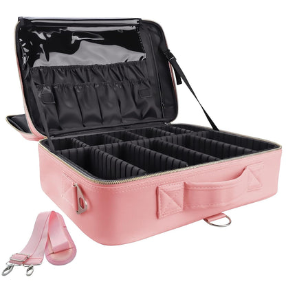 Large Capacity Travel Makeup Train Case,Professional Cosmetic Bags for Women,Portable Makeup Brush Bag Organizer Storage with Adjustable Dividers and Shoulder Strap
