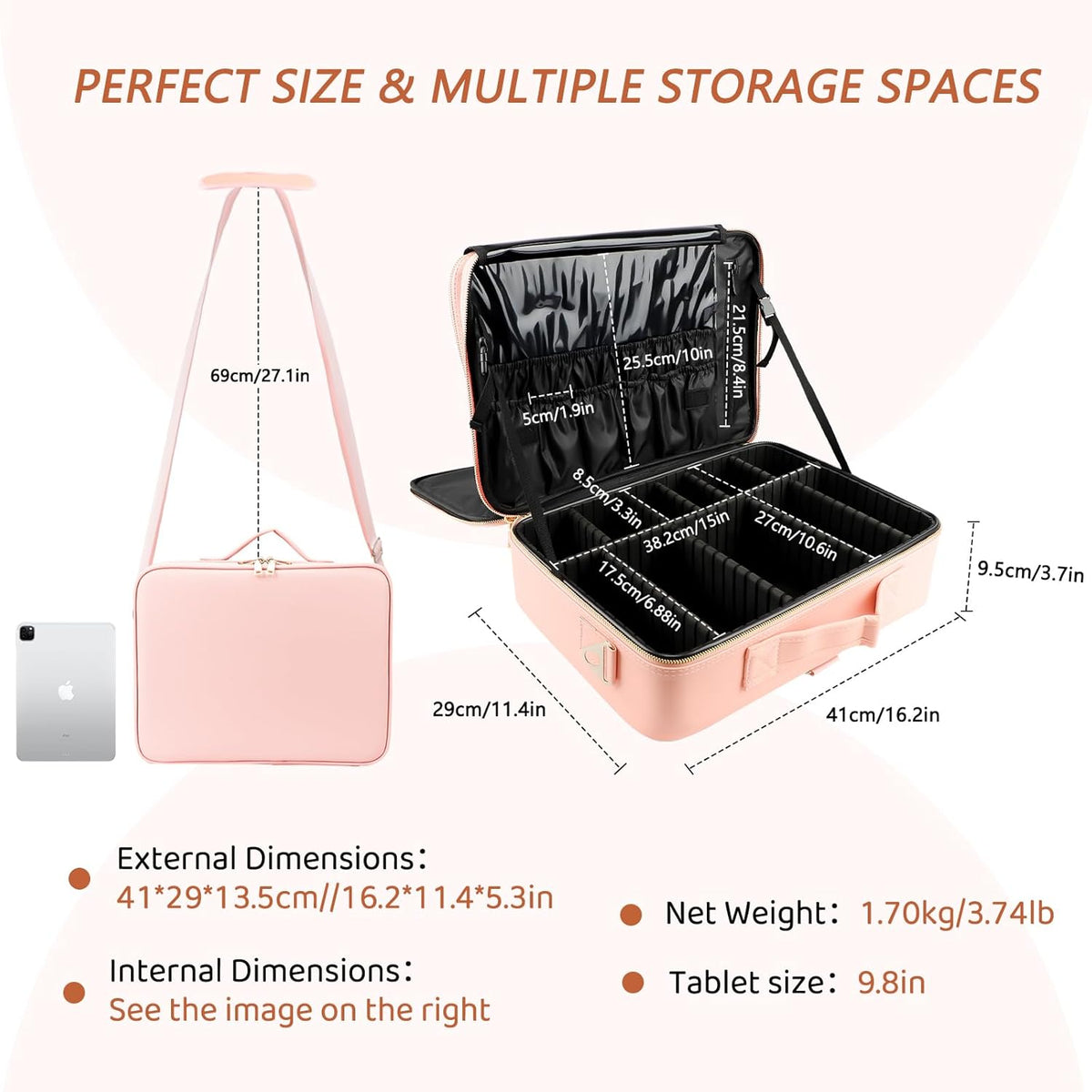 Large Capacity Travel Makeup Train Case,Professional Cosmetic Bags for Women,Portable Makeup Brush Bag Organizer Storage with Adjustable Dividers and Shoulder Strap