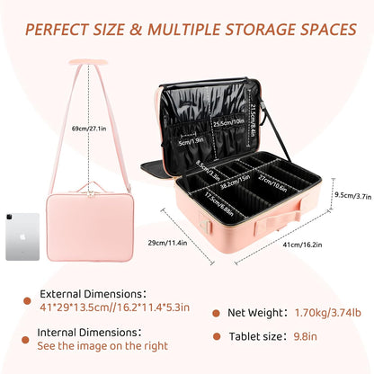 Large Capacity Travel Makeup Train Case,Professional Cosmetic Bags for Women,Portable Makeup Brush Bag Organizer Storage with Adjustable Dividers and Shoulder Strap