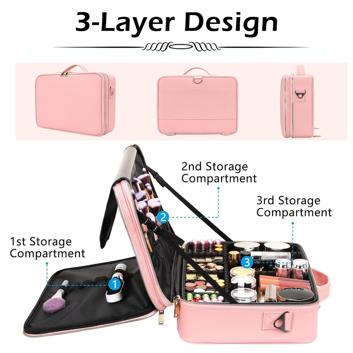 Large Capacity Travel Makeup Train Case,Professional Cosmetic Bags for Women,Portable Makeup Brush Bag Organizer Storage with Adjustable Dividers and Shoulder Strap