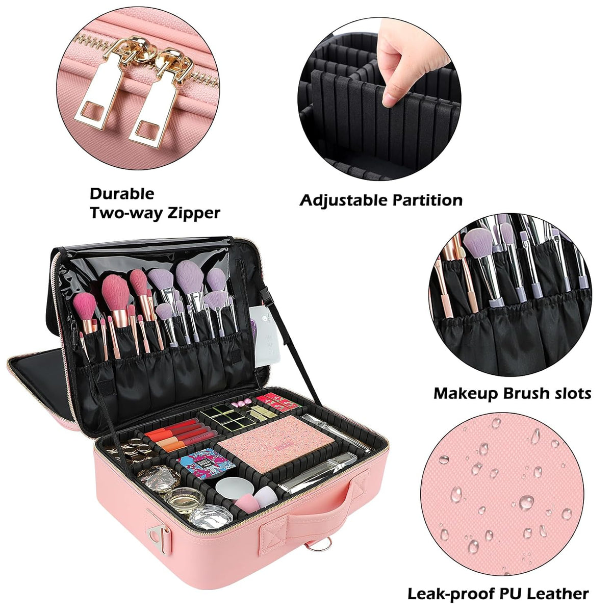 Large Capacity Travel Makeup Train Case,Professional Cosmetic Bags for Women,Portable Makeup Brush Bag Organizer Storage with Adjustable Dividers and Shoulder Strap