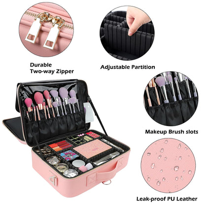 Large Capacity Travel Makeup Train Case,Professional Cosmetic Bags for Women,Portable Makeup Brush Bag Organizer Storage with Adjustable Dividers and Shoulder Strap