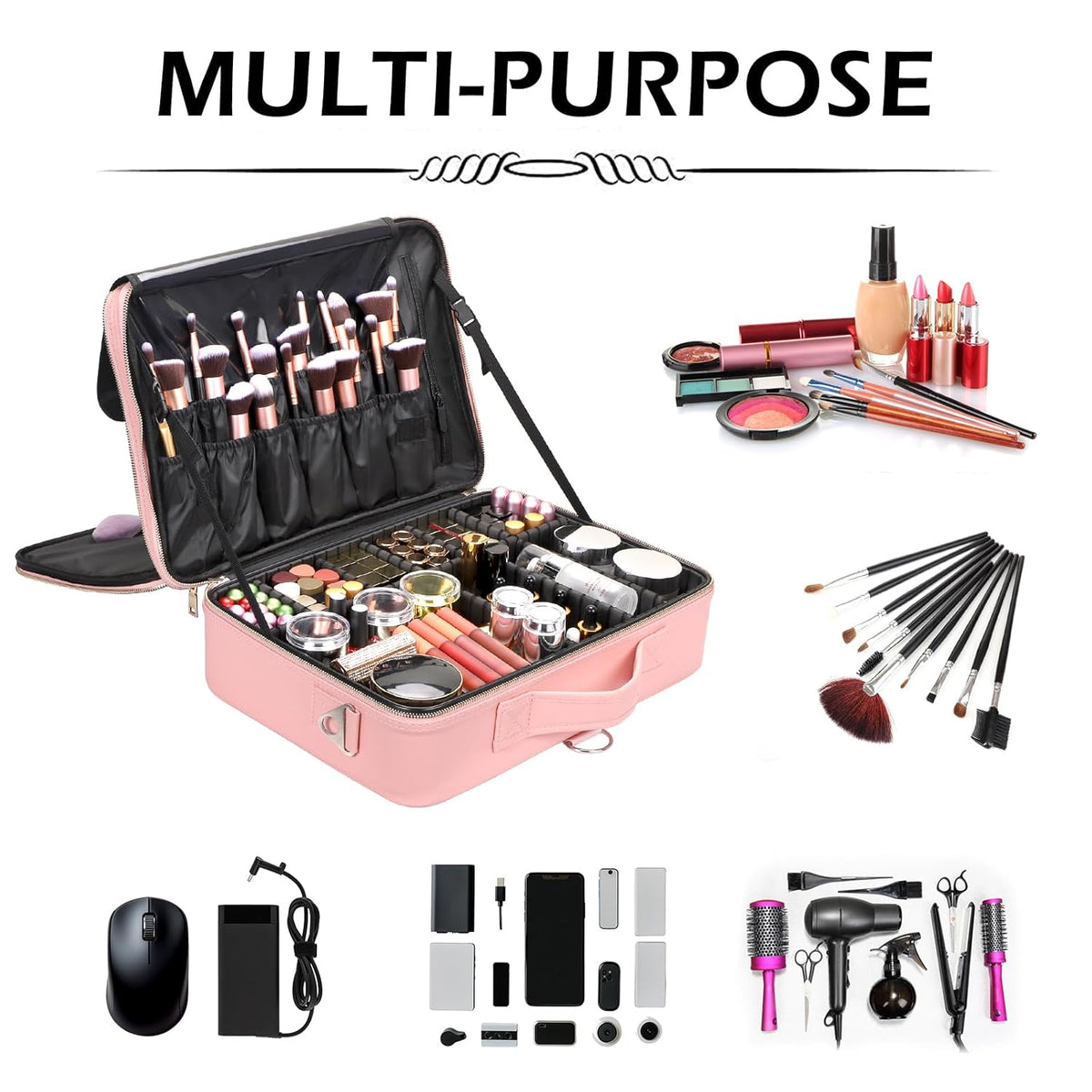 Large Capacity Travel Makeup Train Case,Professional Cosmetic Bags for Women,Portable Makeup Brush Bag Organizer Storage with Adjustable Dividers and Shoulder Strap