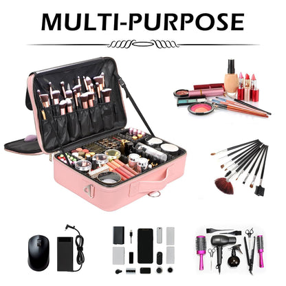 Large Capacity Travel Makeup Train Case,Professional Cosmetic Bags for Women,Portable Makeup Brush Bag Organizer Storage with Adjustable Dividers and Shoulder Strap
