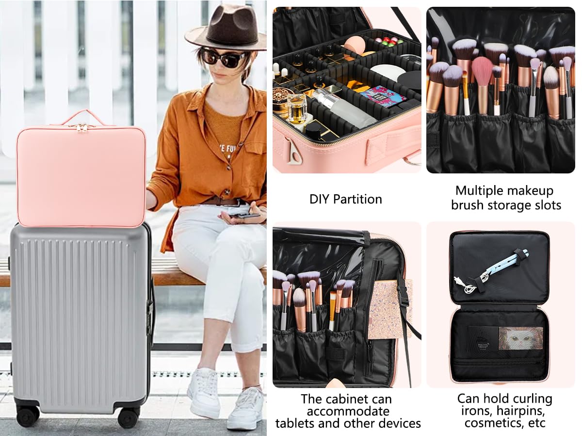 Large Capacity Travel Makeup Train Case,Professional Cosmetic Bags for Women,Portable Makeup Brush Bag Organizer Storage with Adjustable Dividers and Shoulder Strap