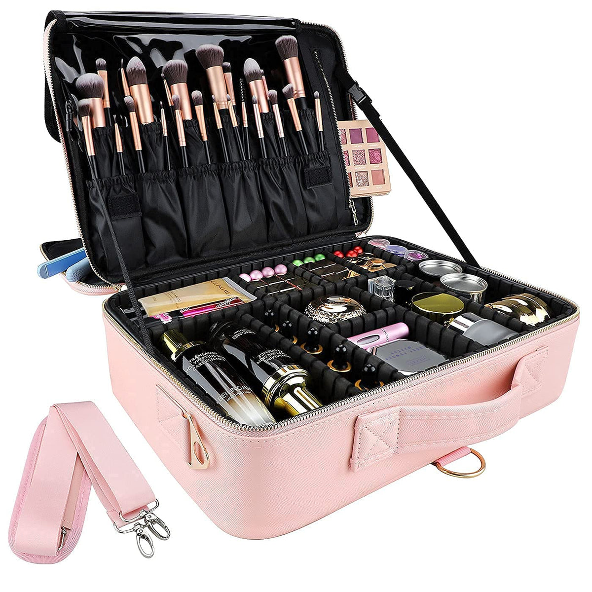 Large Capacity Travel Makeup Train Case,Professional Cosmetic Bags for Women,Portable Makeup Brush Bag Organizer Storage with Adjustable Dividers and Shoulder Strap