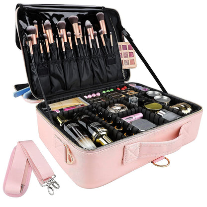 Large Capacity Travel Makeup Train Case,Professional Cosmetic Bags for Women,Portable Makeup Brush Bag Organizer Storage with Adjustable Dividers and Shoulder Strap