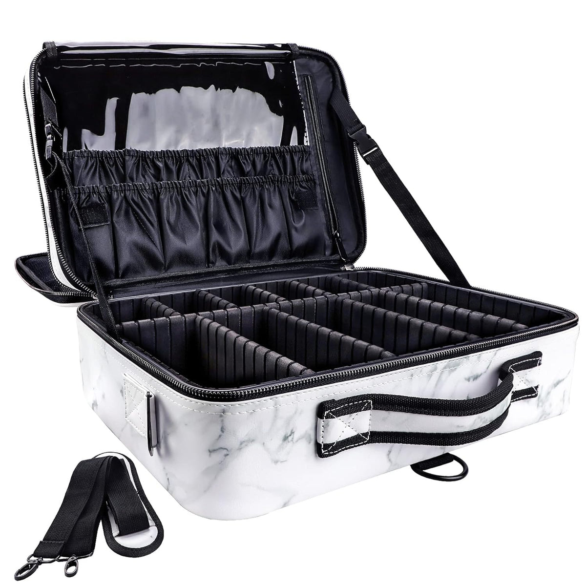 Large Capacity Travel Makeup Train Case,Professional Cosmetic Bags for Women,Portable Makeup Brush Bag Organizer Storage with Adjustable Dividers and Shoulder Strap