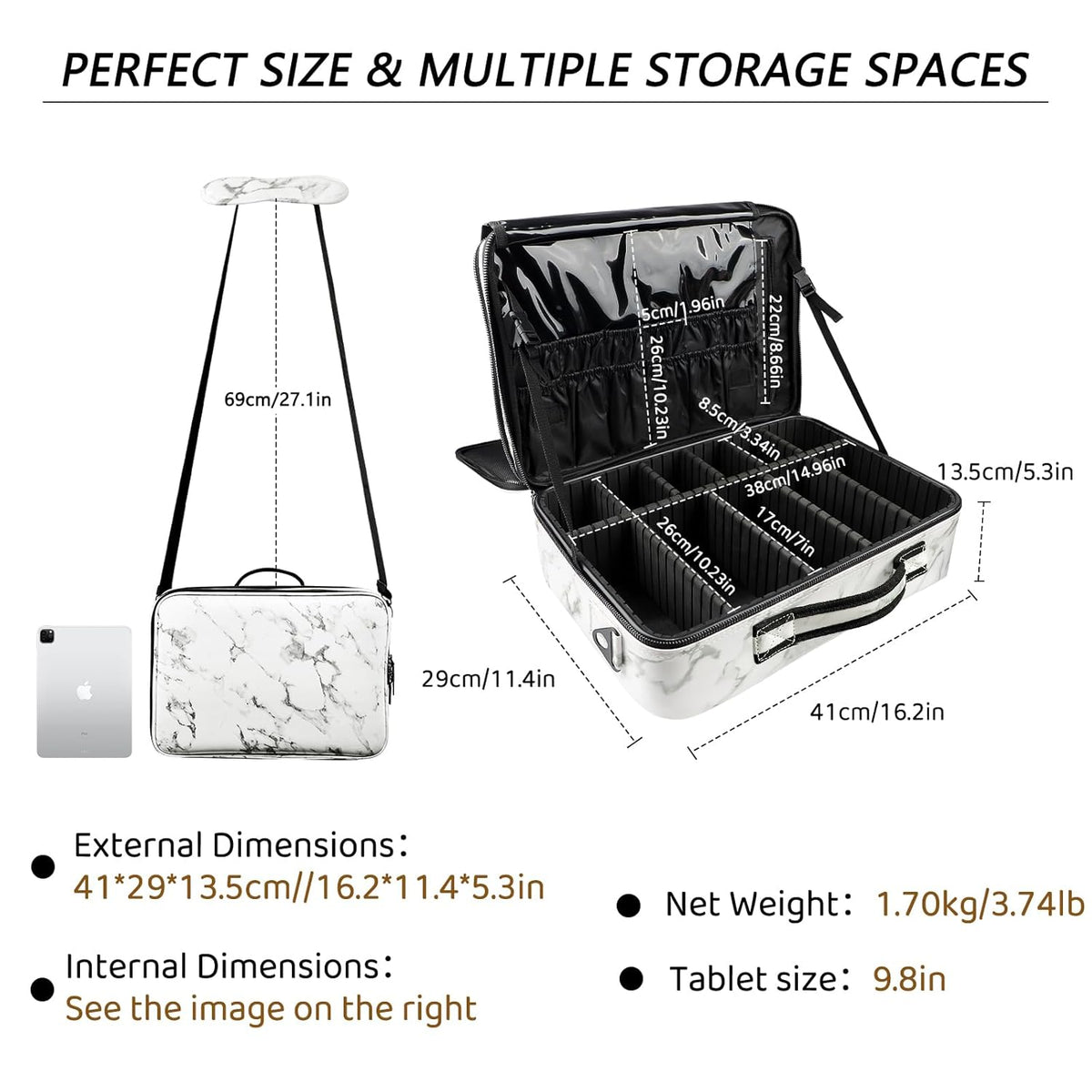 Large Capacity Travel Makeup Train Case,Professional Cosmetic Bags for Women,Portable Makeup Brush Bag Organizer Storage with Adjustable Dividers and Shoulder Strap