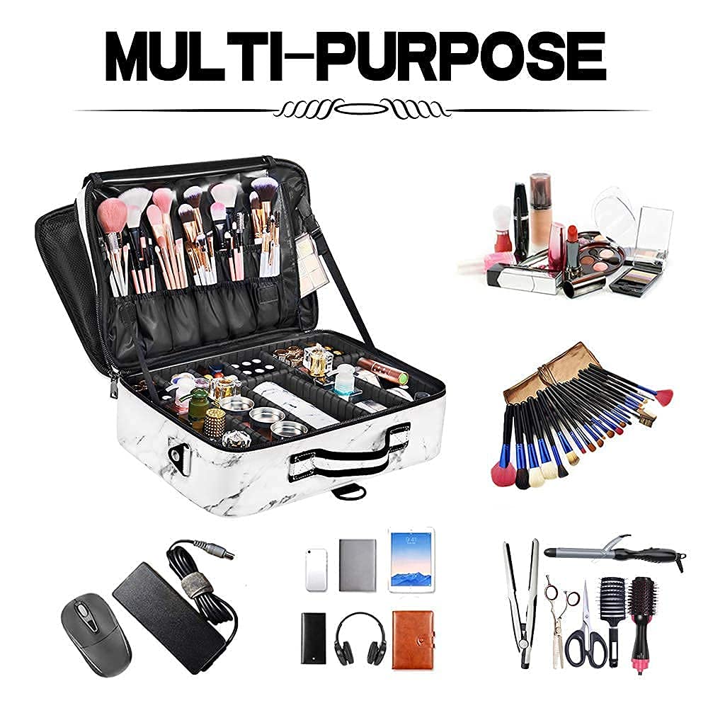 Large Capacity Travel Makeup Train Case,Professional Cosmetic Bags for Women,Portable Makeup Brush Bag Organizer Storage with Adjustable Dividers and Shoulder Strap