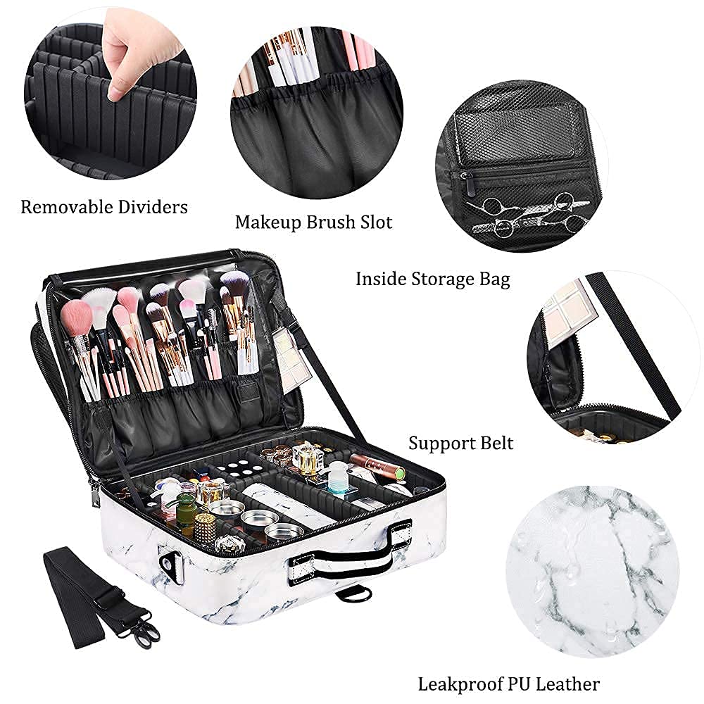 Large Capacity Travel Makeup Train Case,Professional Cosmetic Bags for Women,Portable Makeup Brush Bag Organizer Storage with Adjustable Dividers and Shoulder Strap