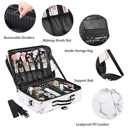 Large Capacity Travel Makeup Train Case,Professional Cosmetic Bags for Women,Portable Makeup Brush Bag Organizer Storage with Adjustable Dividers and Shoulder Strap