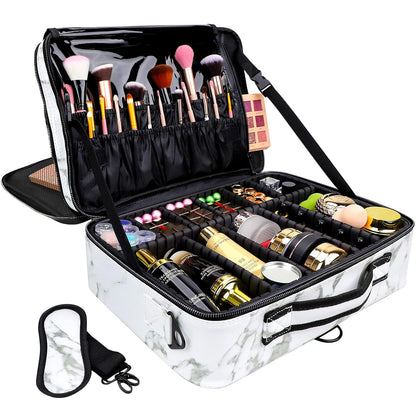 Large Capacity Travel Makeup Train Case,Professional Cosmetic Bags for Women,Portable Makeup Brush Bag Organizer Storage with Adjustable Dividers and Shoulder Strap