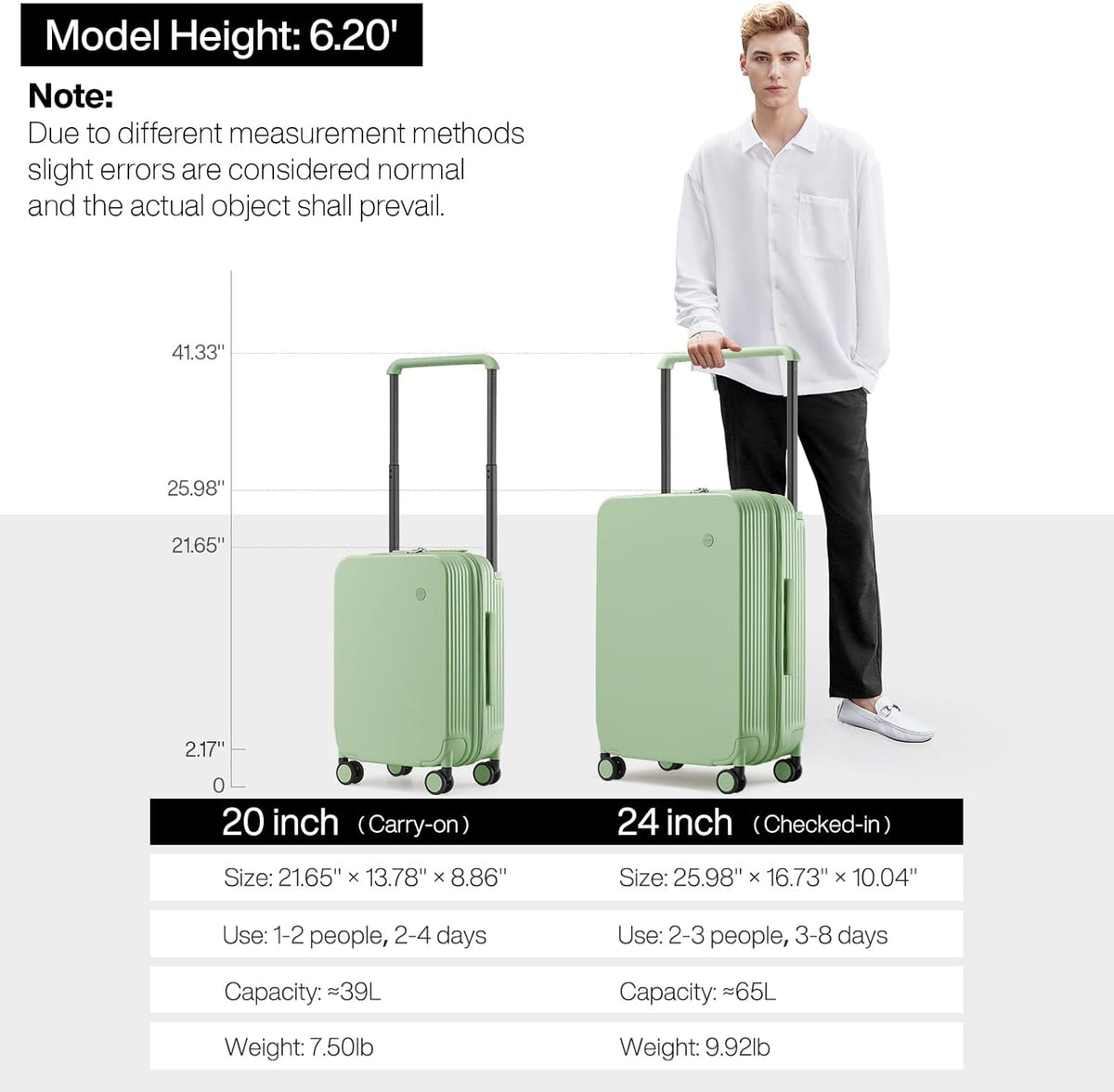 Carry On Luggage Airline Approved Wide Handle Lightweight Luggage PC Hard Shell Suitcases Rolling Suitcases with Spinner Wheels & TSA Lock, 20 Inch Smoke White