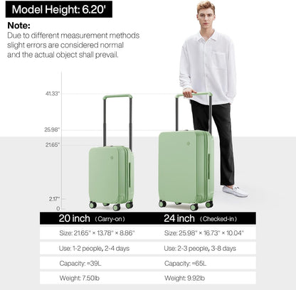 Carry On Luggage Airline Approved Wide Handle Lightweight Luggage PC Hard Shell Suitcases Rolling Suitcases with Spinner Wheels & TSA Lock, 20 Inch Smoke White