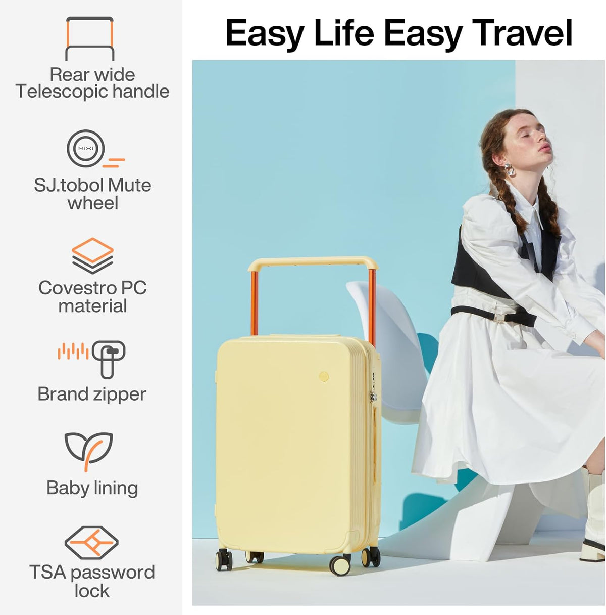 Carry On Luggage Airline Approved Wide Handle Lightweight Luggage PC Hard Shell Suitcases Rolling Suitcases with Spinner Wheels & TSA Lock, 20 Inch Smoke White