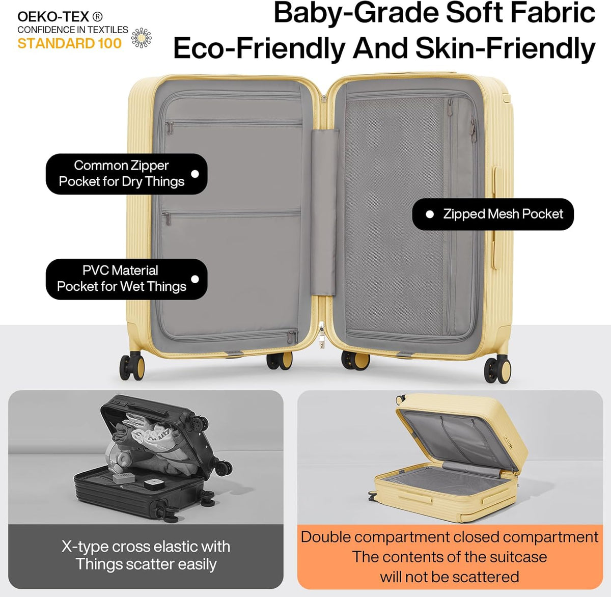 Carry On Luggage Airline Approved Wide Handle Lightweight Luggage PC Hard Shell Suitcases Rolling Suitcases with Spinner Wheels & TSA Lock, 20 Inch Smoke White