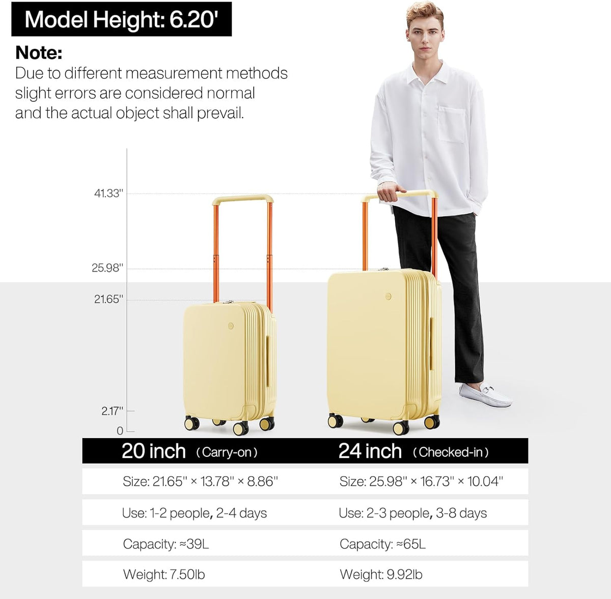 Carry On Luggage Airline Approved Wide Handle Lightweight Luggage PC Hard Shell Suitcases Rolling Suitcases with Spinner Wheels & TSA Lock, 20 Inch Smoke White