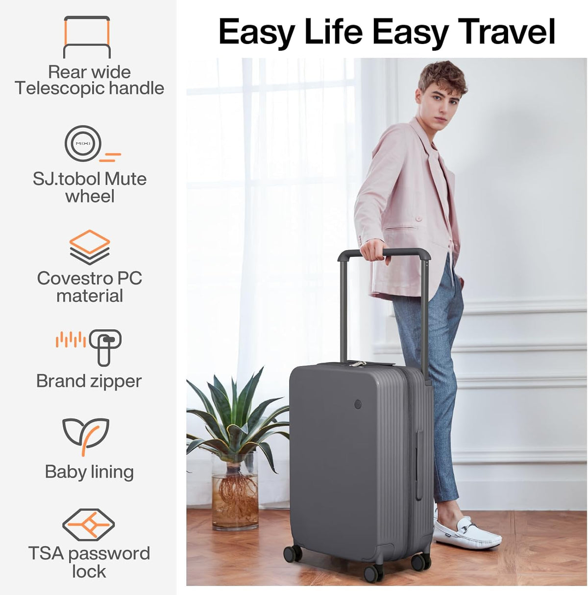 Carry On Luggage Airline Approved Wide Handle Lightweight Luggage PC Hard Shell Suitcases Rolling Suitcases with Spinner Wheels & TSA Lock, 20 Inch Smoke White