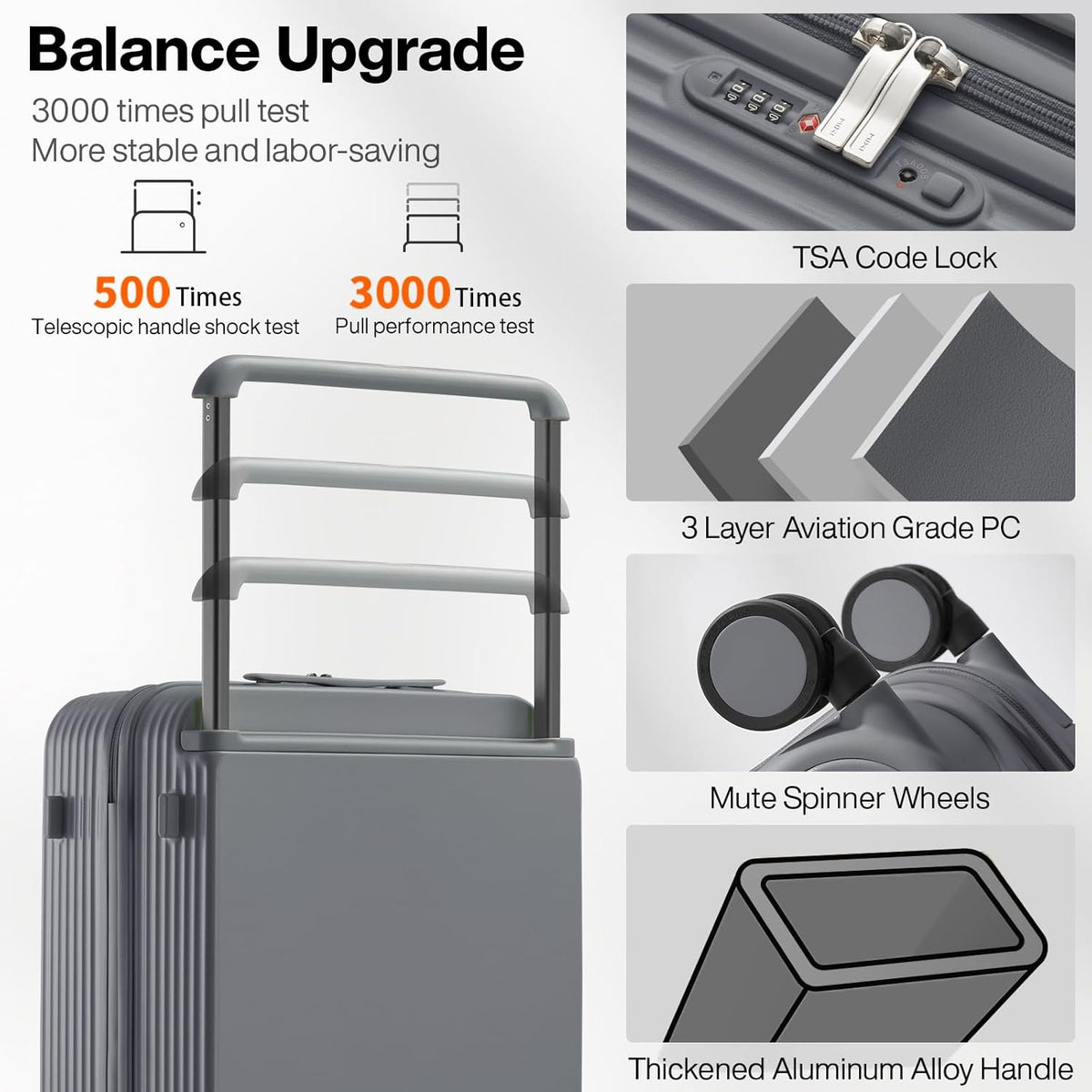 Carry On Luggage Airline Approved Wide Handle Lightweight Luggage PC Hard Shell Suitcases Rolling Suitcases with Spinner Wheels & TSA Lock, 20 Inch Smoke White
