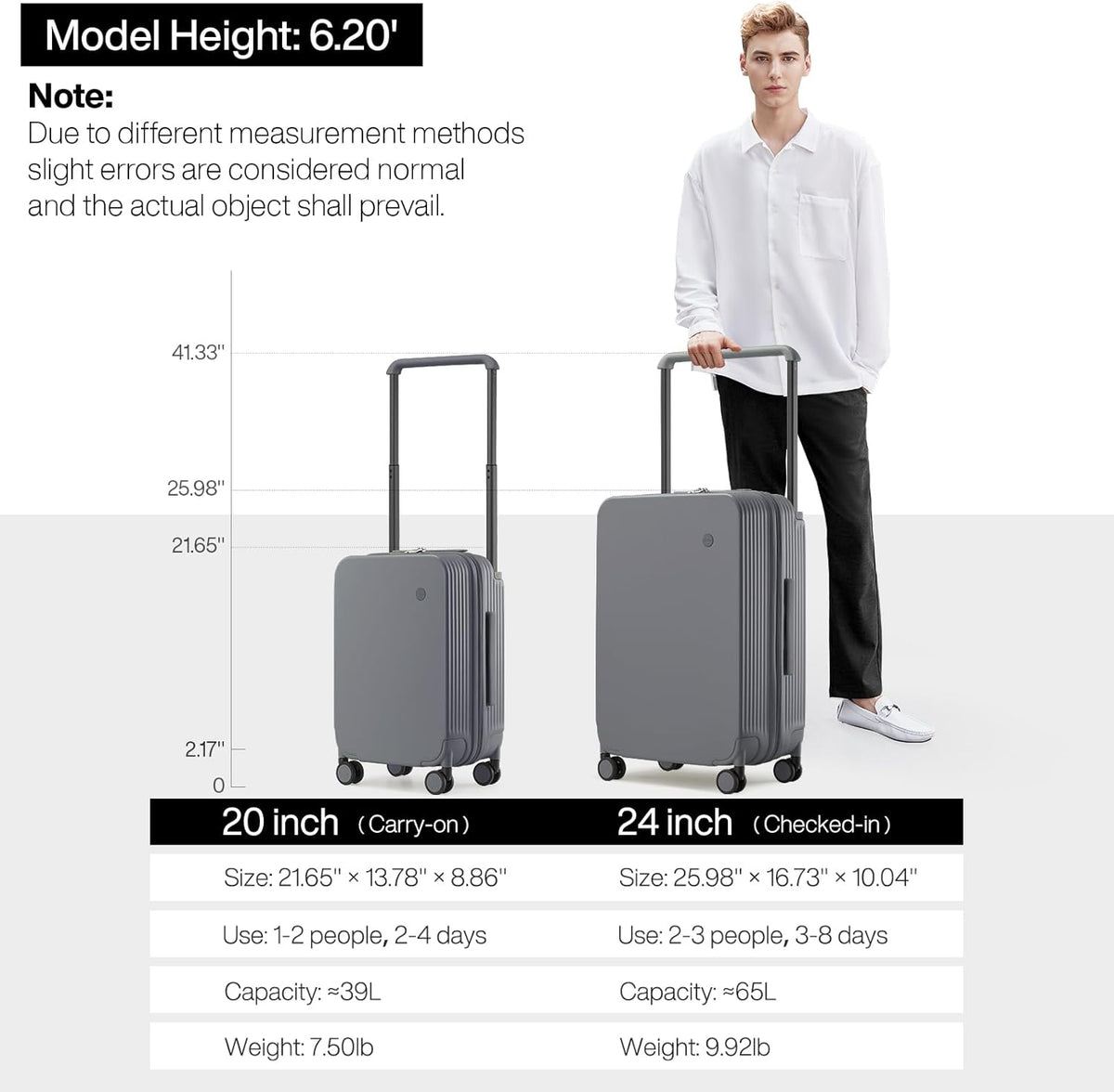 Carry On Luggage Airline Approved Wide Handle Lightweight Luggage PC Hard Shell Suitcases Rolling Suitcases with Spinner Wheels & TSA Lock, 20 Inch Smoke White