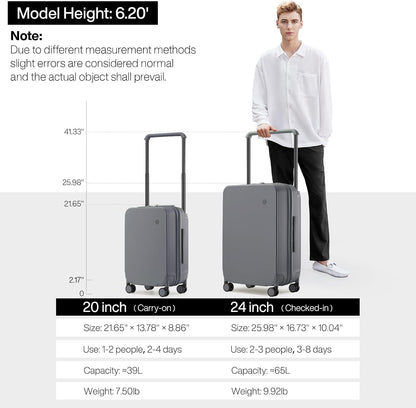 Carry On Luggage Airline Approved Wide Handle Lightweight Luggage PC Hard Shell Suitcases Rolling Suitcases with Spinner Wheels & TSA Lock, 20 Inch Smoke White
