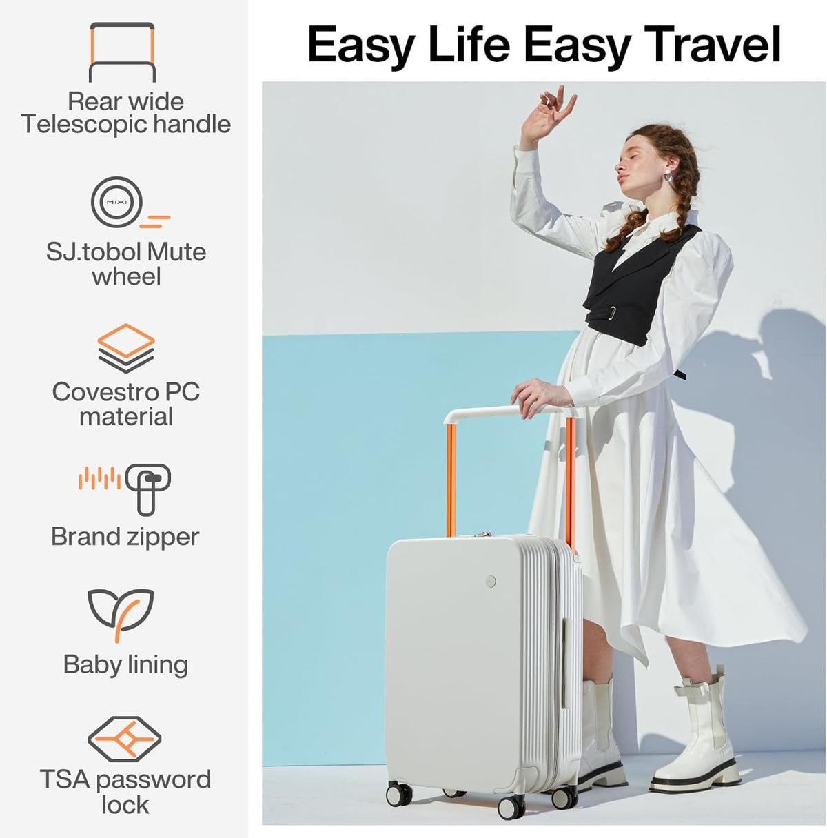 Carry On Luggage Airline Approved Wide Handle Lightweight Luggage PC Hard Shell Suitcases Rolling Suitcases with Spinner Wheels & TSA Lock, 20 Inch Smoke White