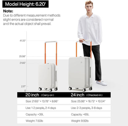 Carry On Luggage Airline Approved Wide Handle Lightweight Luggage PC Hard Shell Suitcases Rolling Suitcases with Spinner Wheels & TSA Lock, 20 Inch Smoke White