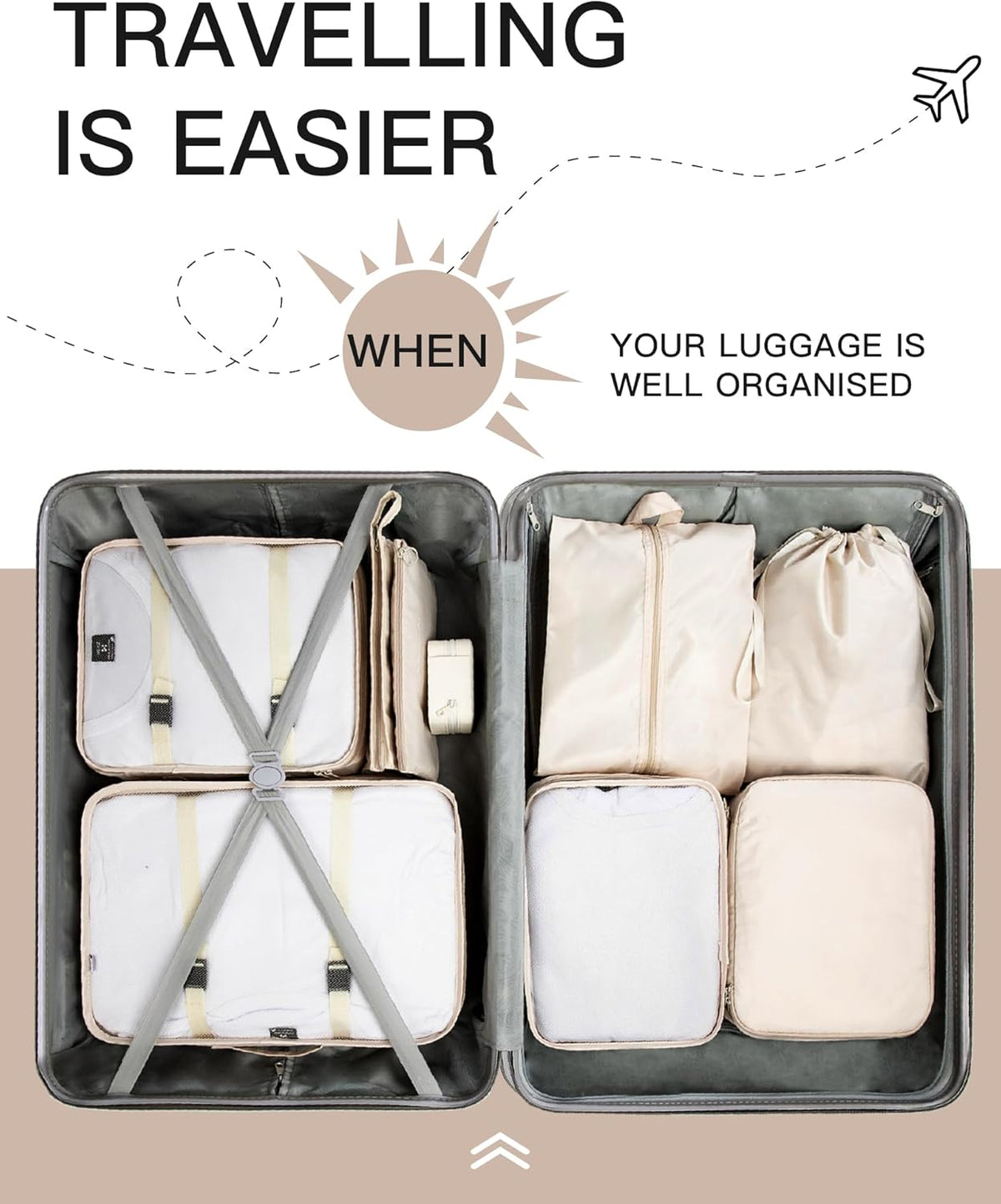9 Set Packing Cubes for Carry on Suitcase Travel Organizer Bags for Luggage Suitcase Organizer Bags Packing Cube Set for Packing Women Men (Beige)