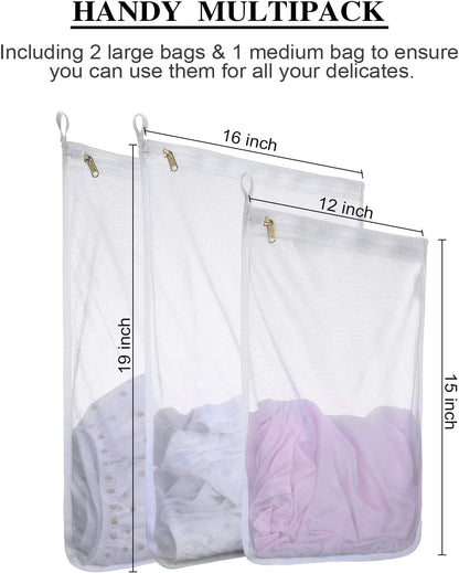 Fine Mesh Laundry Bags for Delicates, 3 Pack (2L+1M) Reusable Wash Bags with Sturdy Zippers, Durable Net Washing Bags for Lingerie, Bra, Sock, Underwear, Baby Clothes, Travel Organizer