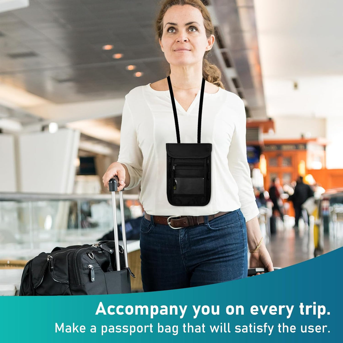 Travel Neck Wallet with Double Zippers, RFID Blocking Passport Holder with Adjustable Neck Strap for Men and Women to Keep Cash, Credit Cards and Travel Documents Safe - Light Gray