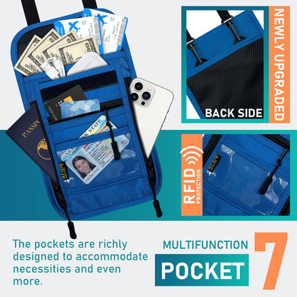 Travel Neck Wallet with Double Zippers, RFID Blocking Passport Holder with Adjustable Neck Strap for Men and Women to Keep Cash, Credit Cards and Travel Documents Safe - Light Gray