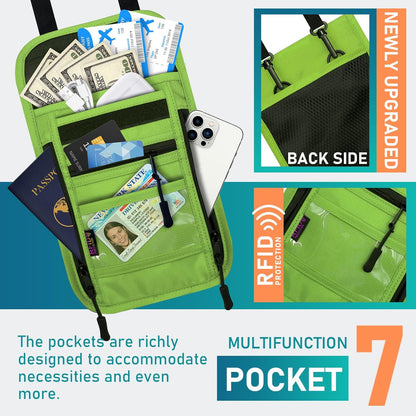 Travel Neck Wallet with Double Zippers, RFID Blocking Passport Holder with Adjustable Neck Strap for Men and Women to Keep Cash, Credit Cards and Travel Documents Safe - Light Gray