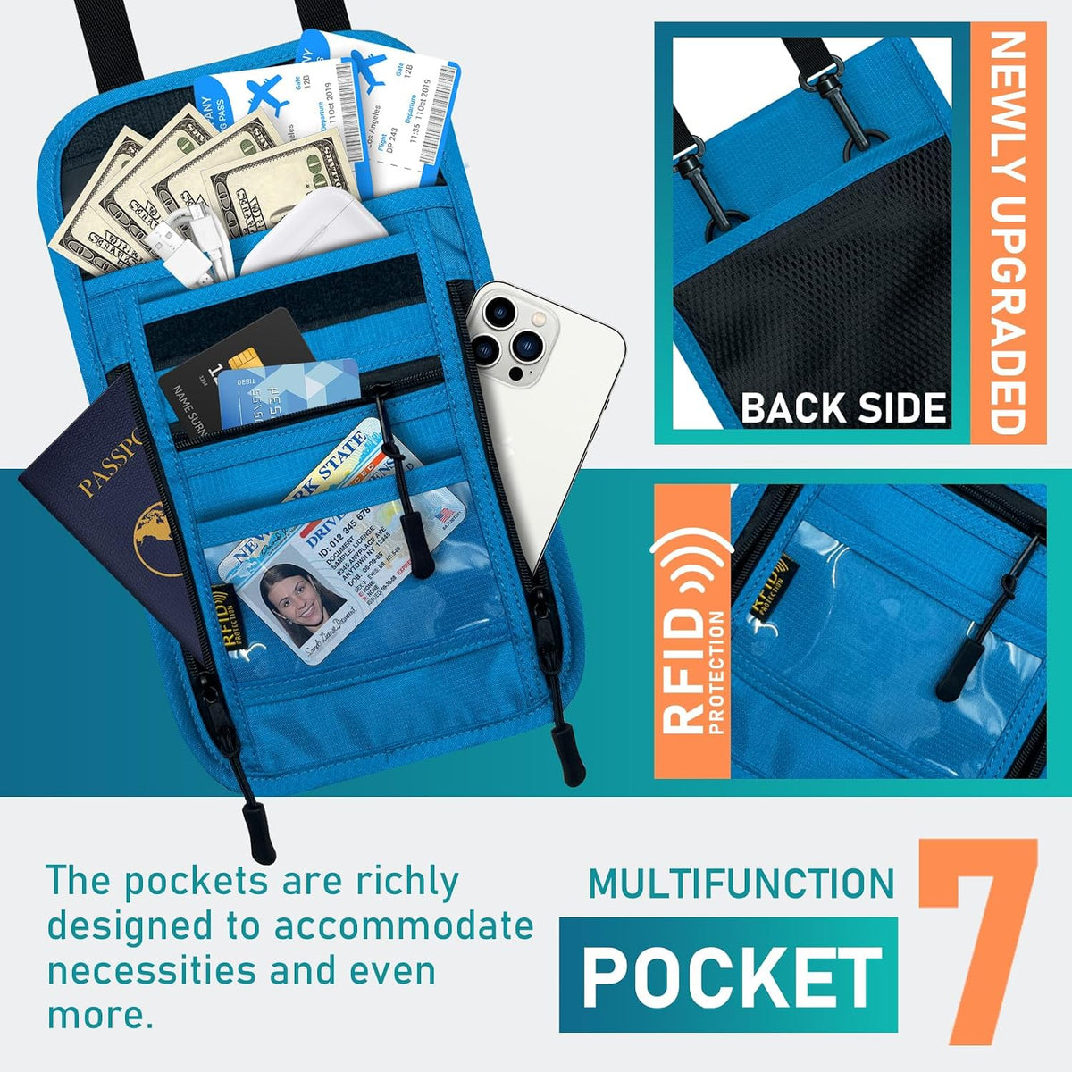 Travel Neck Wallet with Double Zippers, RFID Blocking Passport Holder with Adjustable Neck Strap for Men and Women to Keep Cash, Credit Cards and Travel Documents Safe - Light Gray