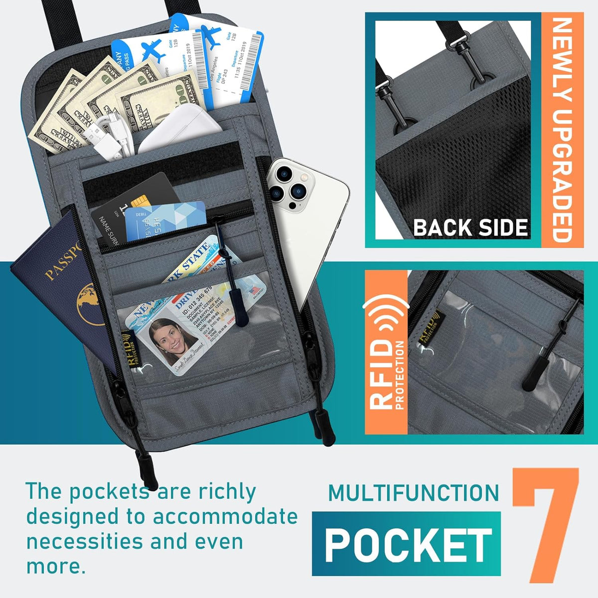 Travel Neck Wallet with Double Zippers, RFID Blocking Passport Holder with Adjustable Neck Strap for Men and Women to Keep Cash, Credit Cards and Travel Documents Safe - Light Gray