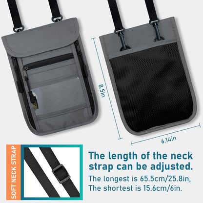 Travel Neck Wallet with Double Zippers, RFID Blocking Passport Holder with Adjustable Neck Strap for Men and Women to Keep Cash, Credit Cards and Travel Documents Safe - Light Gray