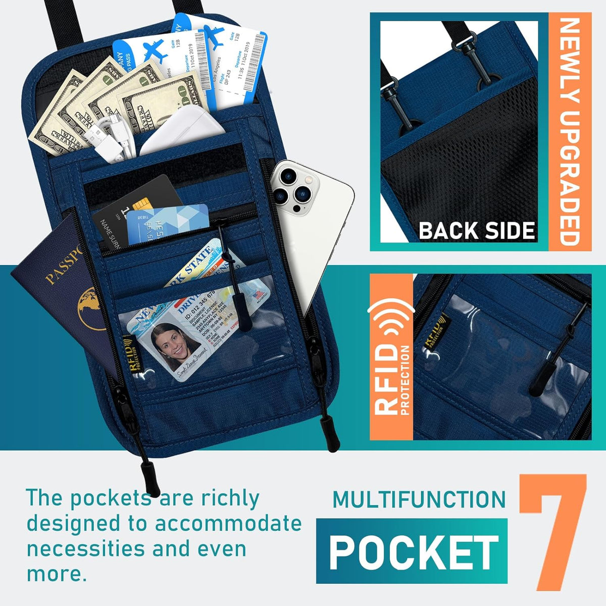 Travel Neck Wallet with Double Zippers, RFID Blocking Passport Holder with Adjustable Neck Strap for Men and Women to Keep Cash, Credit Cards and Travel Documents Safe - Light Gray