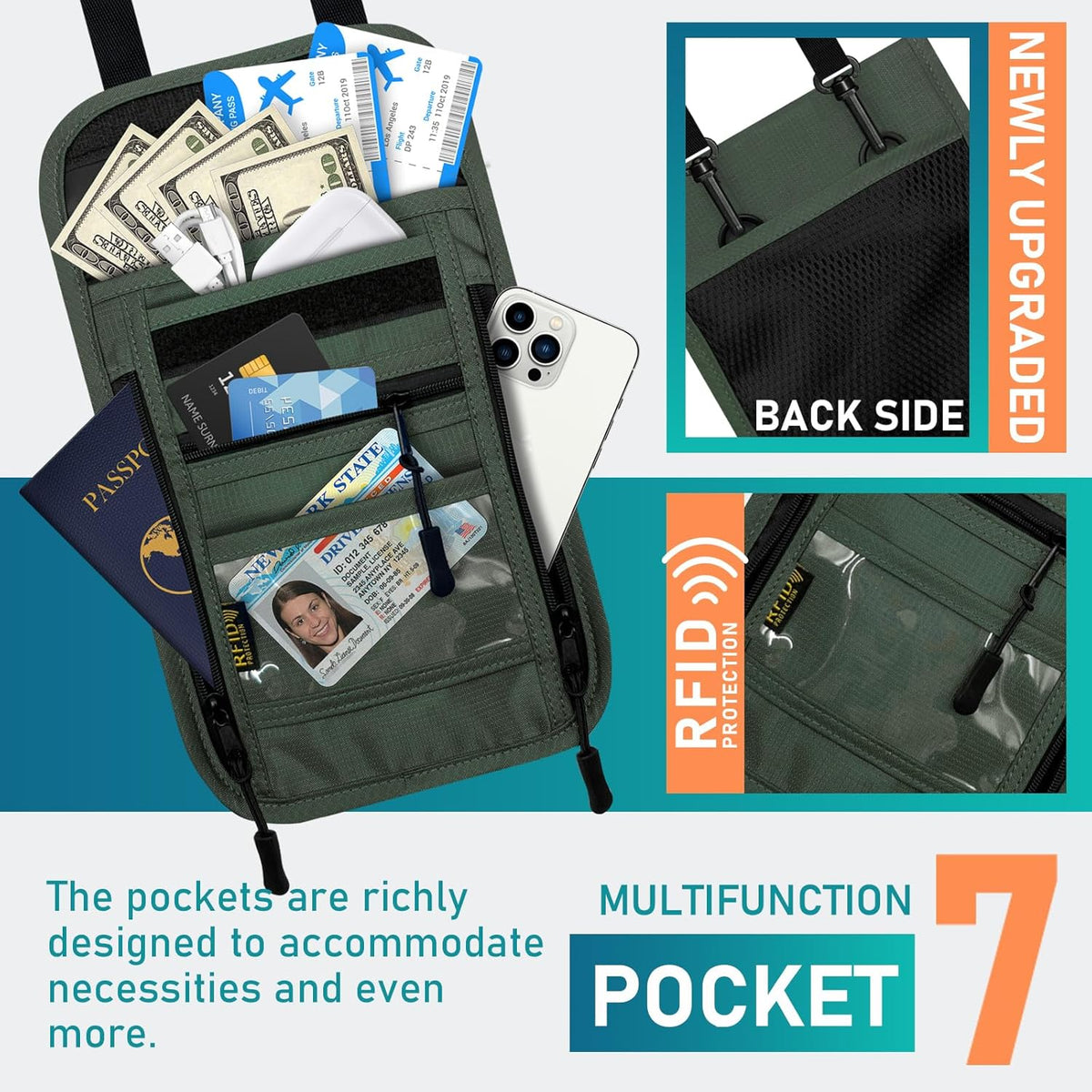 Travel Neck Wallet with Double Zippers, RFID Blocking Passport Holder with Adjustable Neck Strap for Men and Women to Keep Cash, Credit Cards and Travel Documents Safe - Light Gray